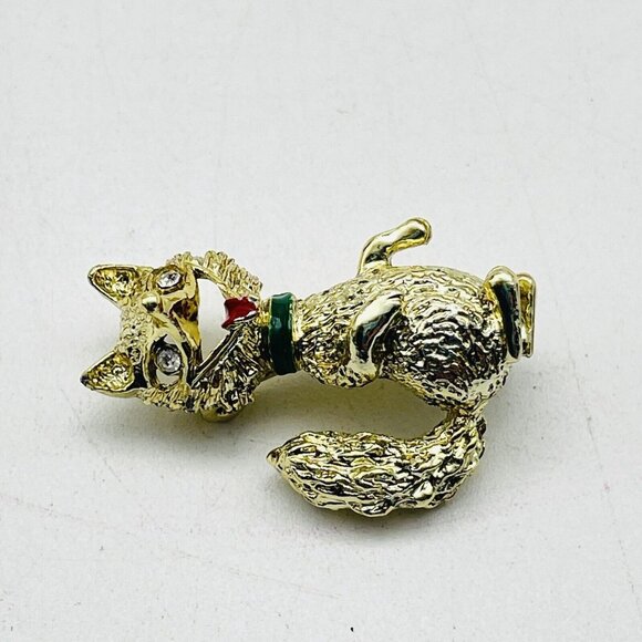 GERRYS Laughing Fox Pin Gold Tone Red Tongue Green Collar Rhinestone Eyes - Picture 4 of 6